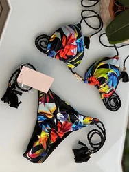 2022 Sexy Bikini Set Swimsuit Woman Swimwear Bathing Suits Triangle Bikinis Braided rope Black Botanical Print Female Beachwear