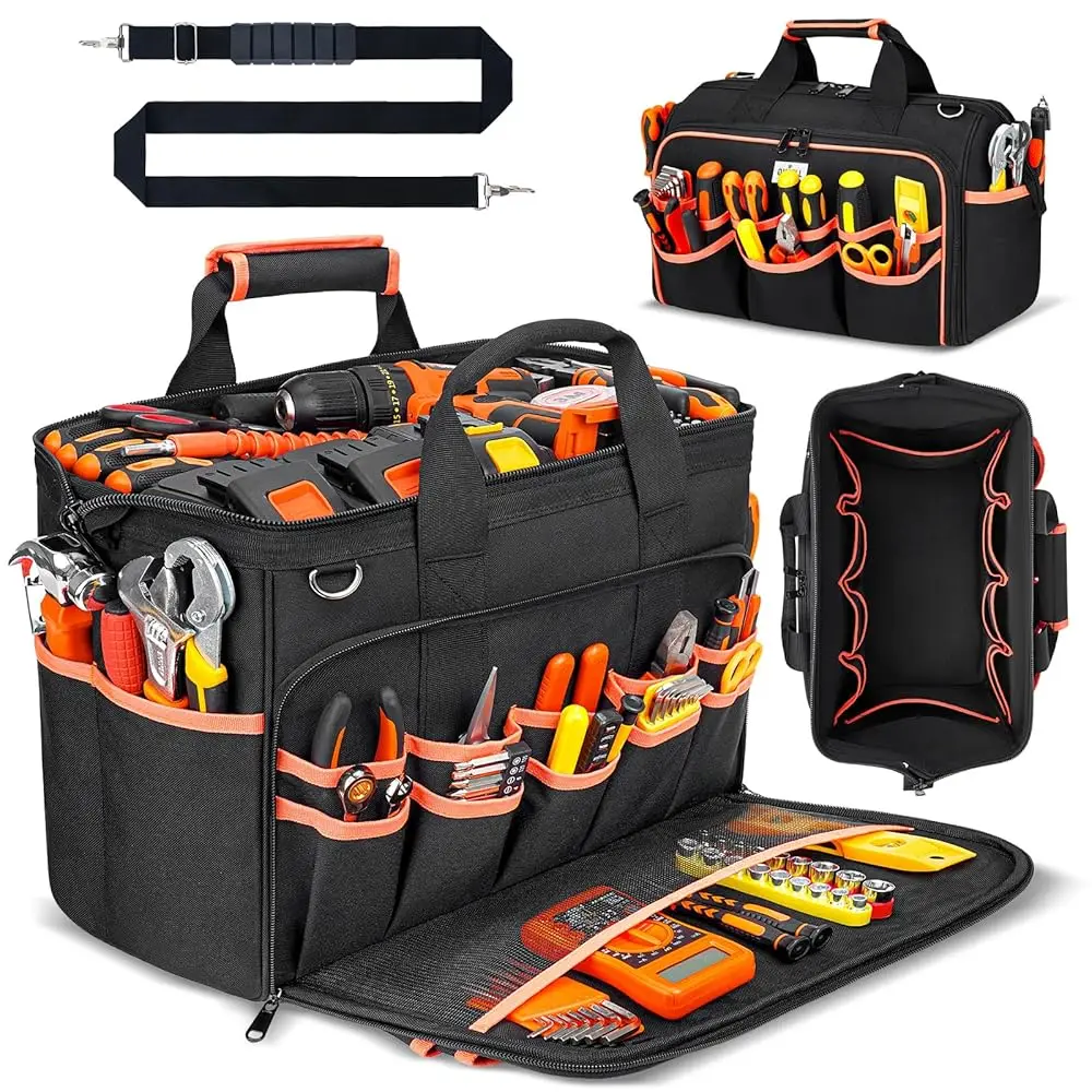 

Прочная сумка для инструментов 17 дюймов с 48 карманами, органайзер из оксфордской ткани 1680D с регулируемым плечевым ремнем и мягкими ручками