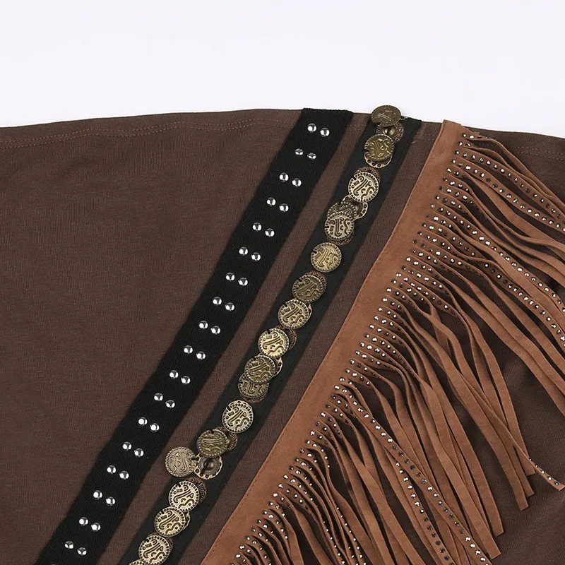 女性用ストラップレススリムフィットベストTシャツ,エキゾチックなエスニックスタイルのトップス,レトロな金属装飾,フリンジ付きショールセット,ファッショナブルな服,y2k