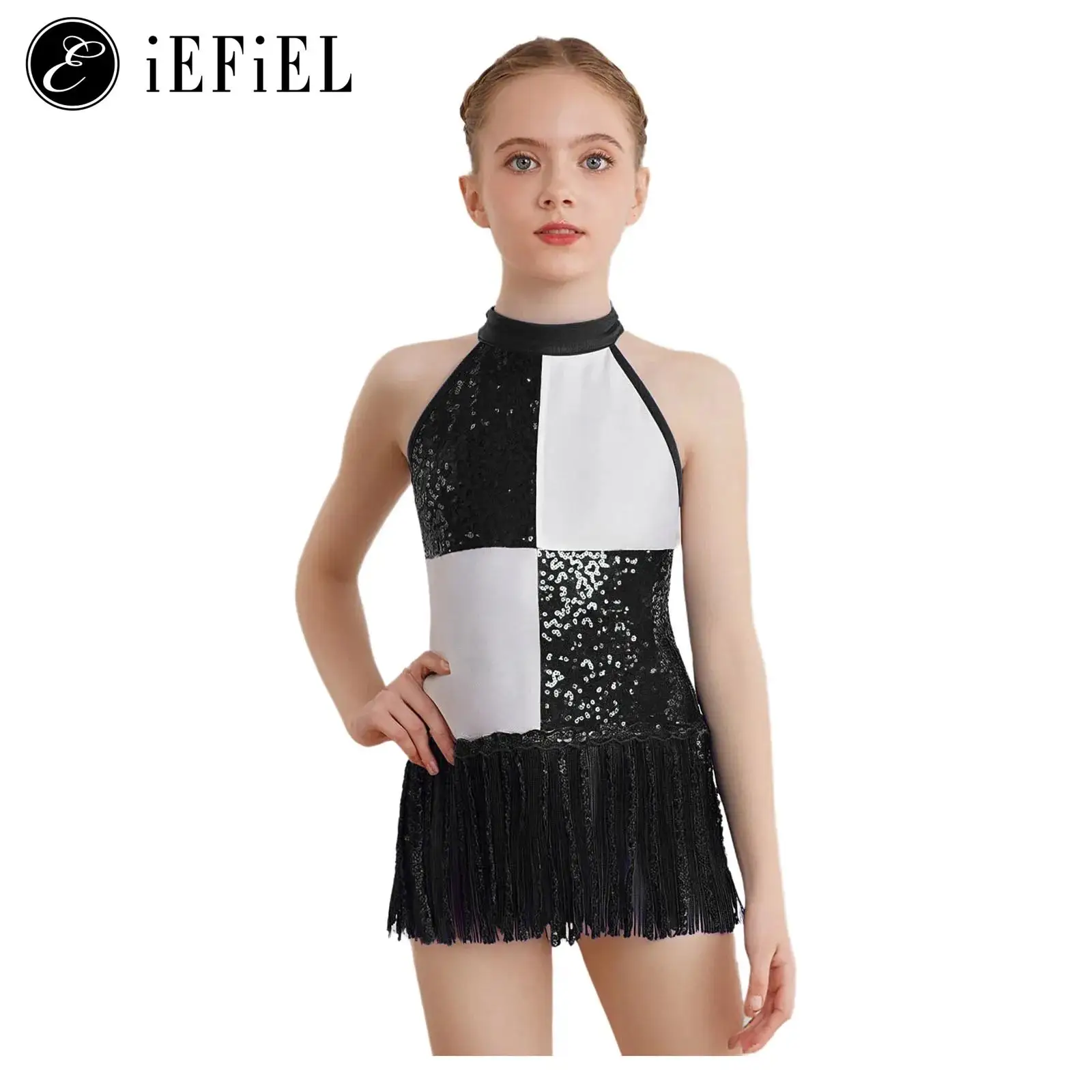 

Girls Sequins Modern Jazz Latin Samba Stage Costume Halter Tank Leotard Tassel Dress School Ballroom Dancewear