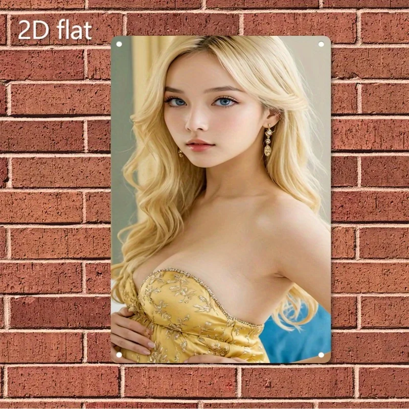 VEMU Metal Wall Art Portrait of Blonde Woman in Gold Dress, Framed Home Decor for Bar Cafe Gift