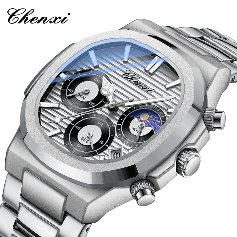 CHENXI 922 Men's Quartz Watch Calendar Moon Phase Chronograph Luminous Waterproof Stainless Steel Casual Men Watches