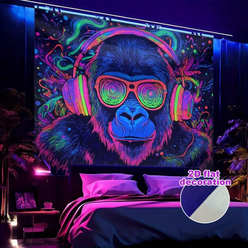 Trendy Gorilla Wearing Headphones Tapestry, Personalized Fabric Wall Tapestry For Bedroom And Living Room Decoration