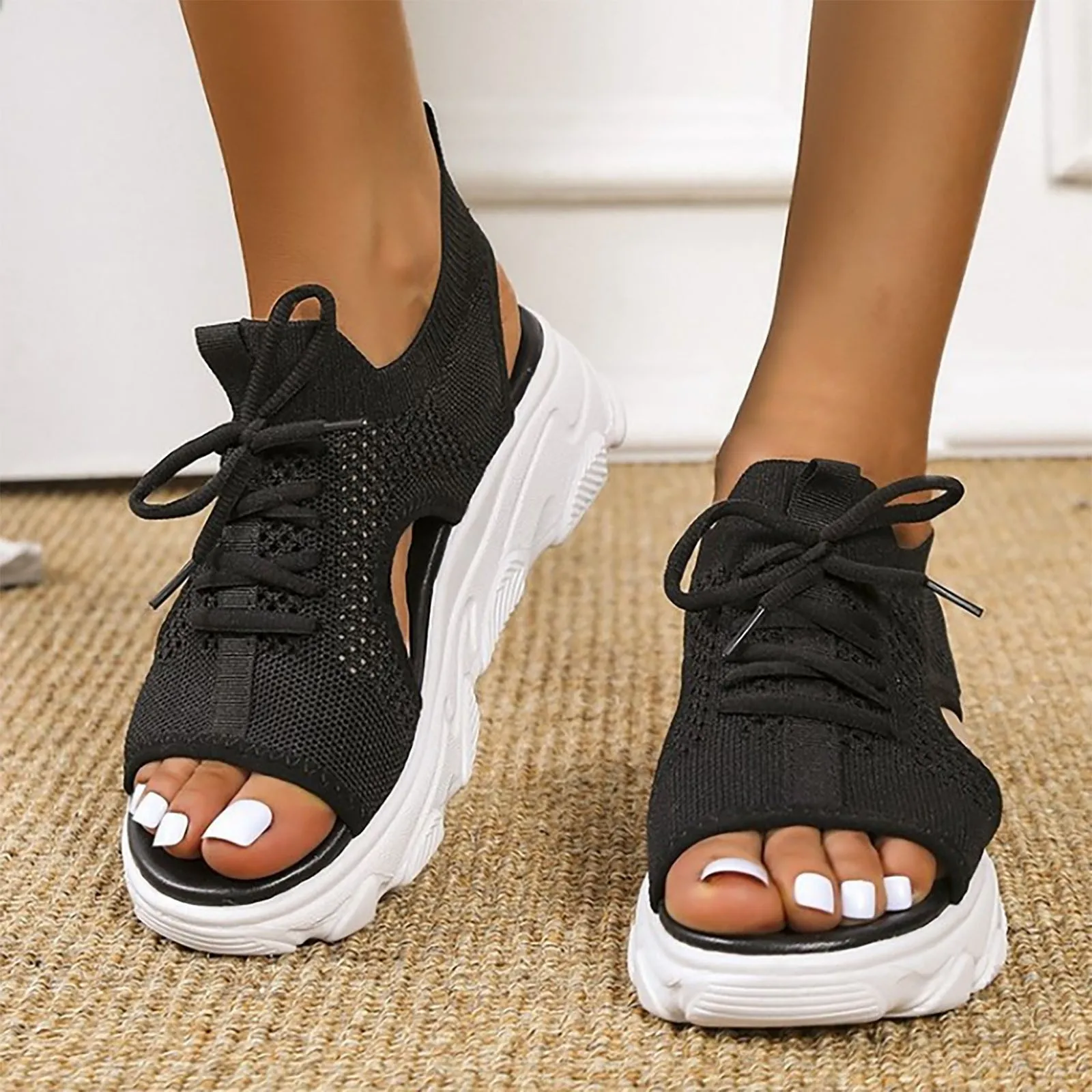 Women Sandals On Offer Summer Women Sandals Mesh Casual White Thick Soled Lace Up Sandals Open Toe Beach Women\'S Summer Footwear