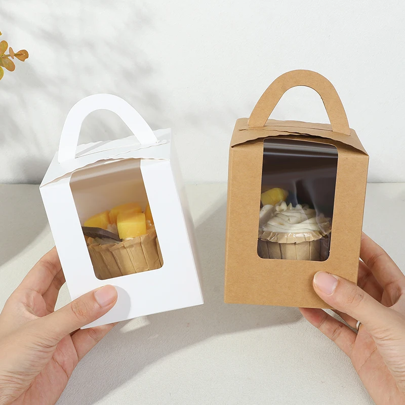 5pcs White/kraft Paper Hand-held Cake Box With Transparent Window Birthday Party Baking Dessert Cake Gift Packaging Box
