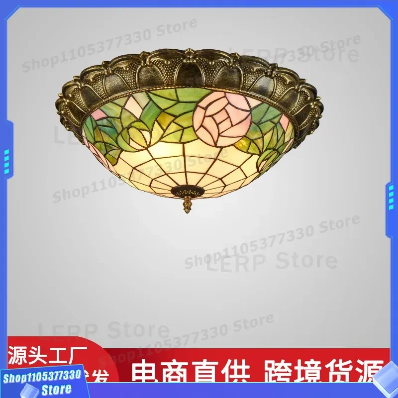 European Retro Stained Glass Ceiling Light for Living Room Bedroom Corridor Entrance Personalized Decorative Fixture Vintage