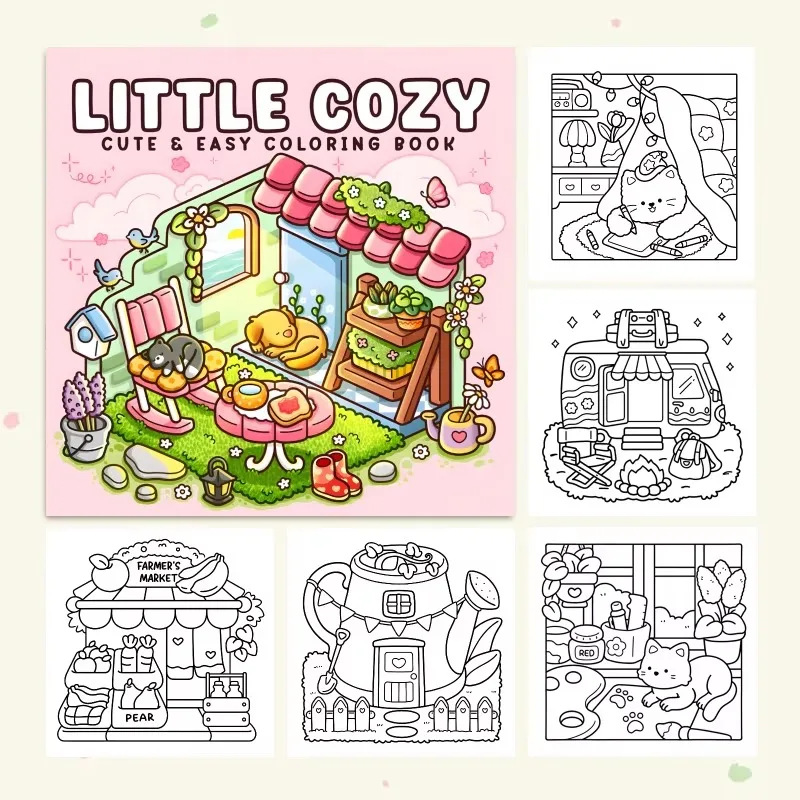 Green Little Corner Cute Comfy Coloring Book for Adults and Teens Featuring Adorable Creatures in Cozy Hygge Moments for Relax