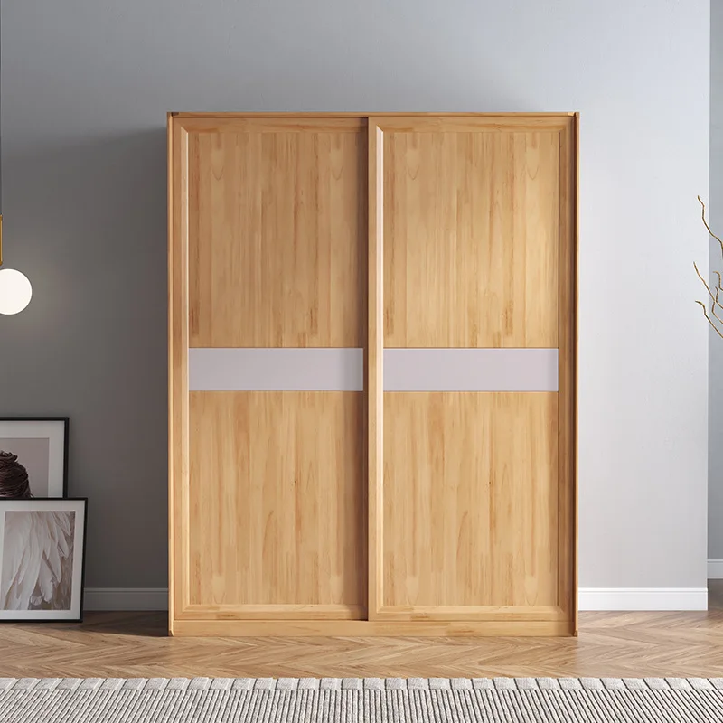 Nordic light luxury solid wood bedroom sliding door wardrobe log modern simple glass door wardrobe