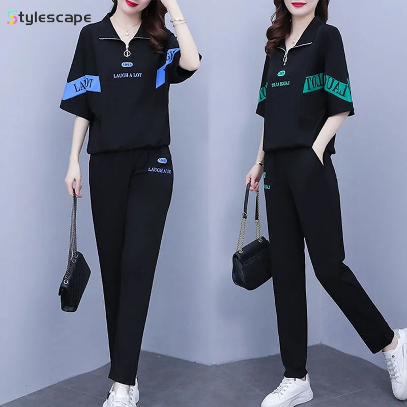 Large Women's Summer Casual Sportswear Set, Korean Version, Fashionable Loose Fitting Two-piece Set Sets Womens 2 Piece