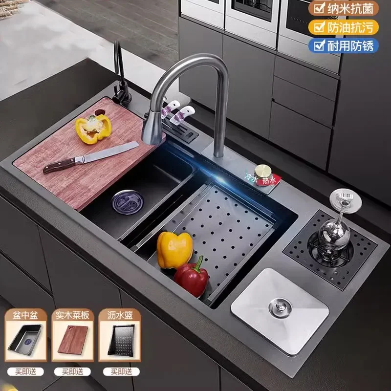 for Feiyu Nano Multifunctional Large Single Basin Stainless Steel Sink with Trash Can Vegetable Dishwashing 114x46cm