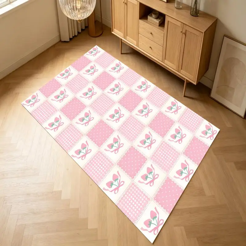 Pink White Plaid Patchwork Strawberry Bow Rug Soft Velvet Living Room Bedroom Whole House
