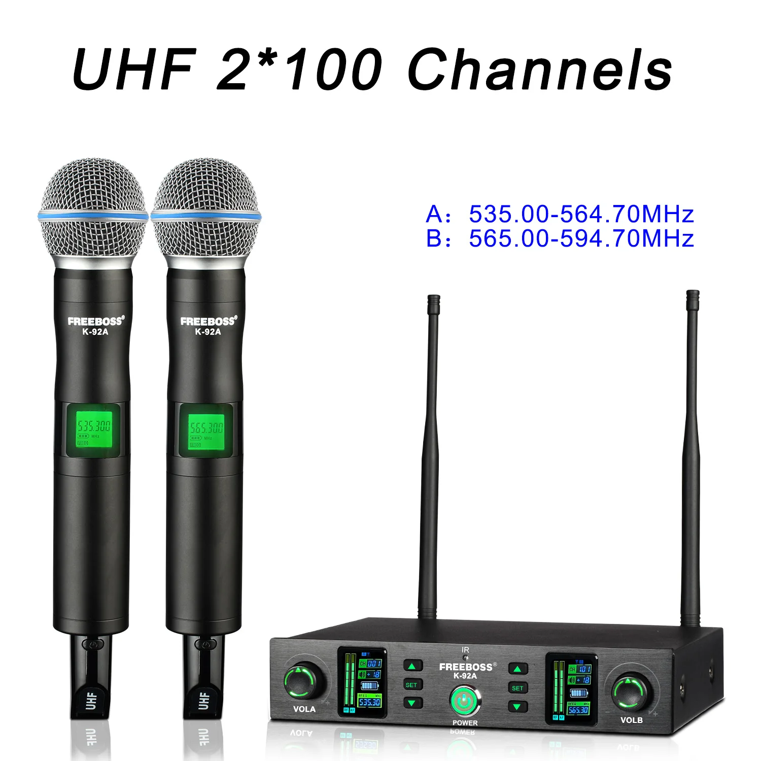 

FREEBOSS UHF Wireless Mic Adjustable Frequency Auto Scan IR Dual Channel Cardioid Dynamic Home KTV Cordless Microphone K-92A