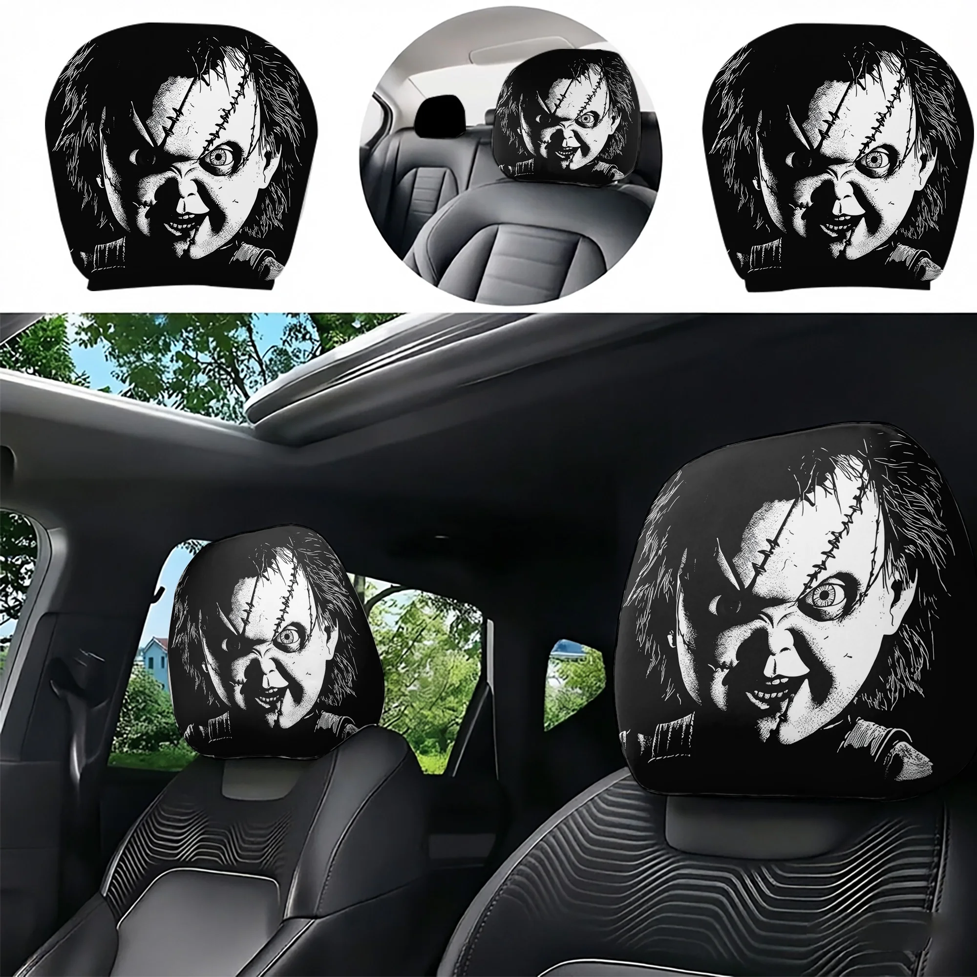 2pcs “Chucky”-themed Car Headrest Covers to Add a Spooky Vibe to Your Car’s Interior. Filling Not Included. Easy to Install.