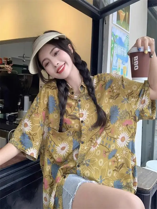 홍콩 슬레 플로럴 프린트 또는 슬루 루즈 캐주얼 여성용 여름 2025 신상 트렌디 다용도 폴리에스터 섬유