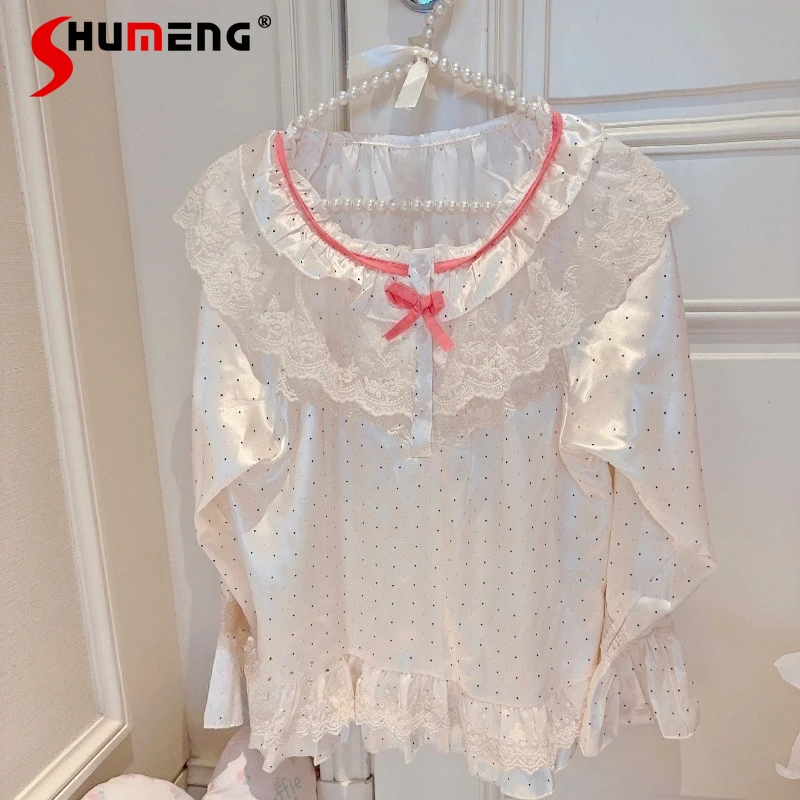 

Домашняя одежда в стиле принцессы с принтом в горошек для женщин, милый ретро-комплект пижамы с бантом для девочек, женские пижамные костюмы в японском стиле принцессы