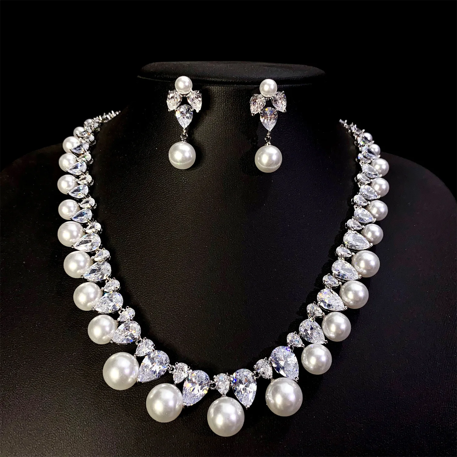 

Zirconia Pearls Jewelry Sets Wedding Bride Necklace Earrings White Gold Color Luxury Jewellery Dinner Party Elegant Gift Female
