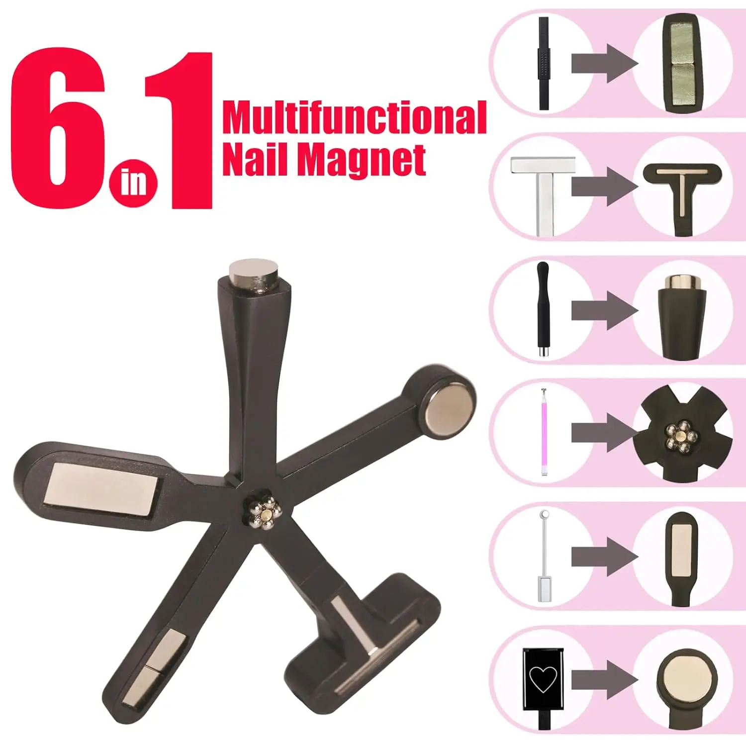 YIKOOLIN 6-in-1 Nail Art Magnet Set Love Heart Cat Eye Half Moon Daisy French Style UV Manicure Side Light Nail Art Tools