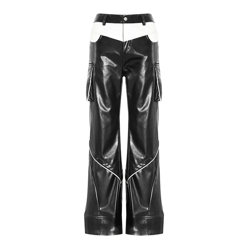 

Niche Women's Leather Casual Pants Contrasting Color Splicing Long and Three-Dimensional Segmented Leather Trousers