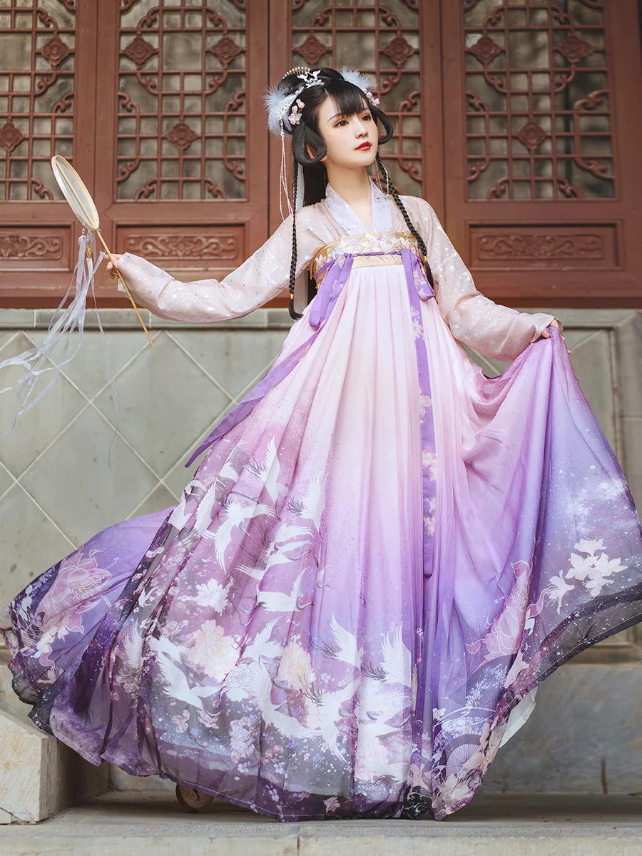 Vestidos Hanfu tradicionales chinos para mujer, trajes de escenario púrpura, elegantes, de hadas de la antigua dinastía Tang, conjuntos completos de 6M y 3 piezas