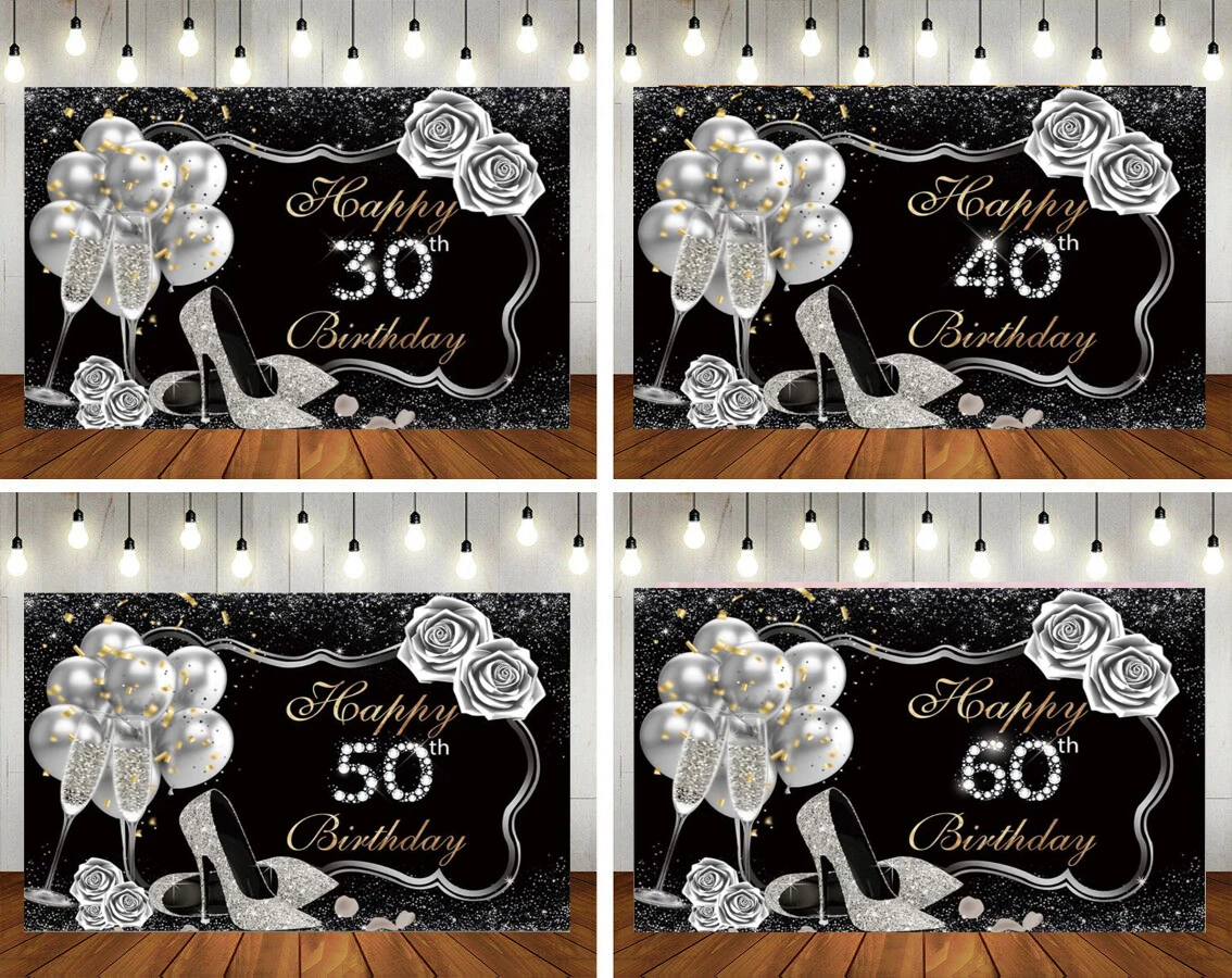 

Black And Silver 30th 40th 50th 60th 70th Birthday Party Photography Backdrop High Heel Rose Decor Women Cake Table Background