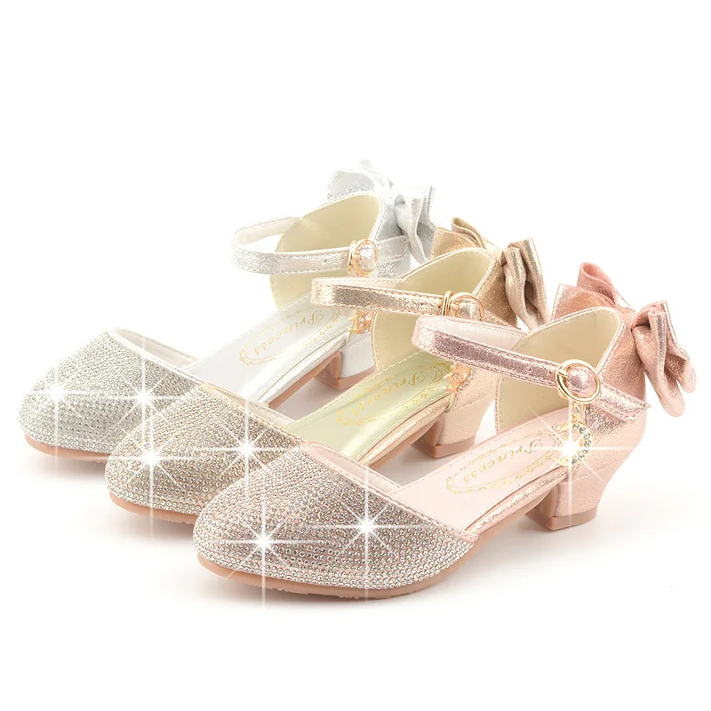 Princess Kids Leather Shoes for Girls Dress Shoe Glitter Children High Heel 2024 Girls Shoes Butterfly Knot Gold Pink Silver