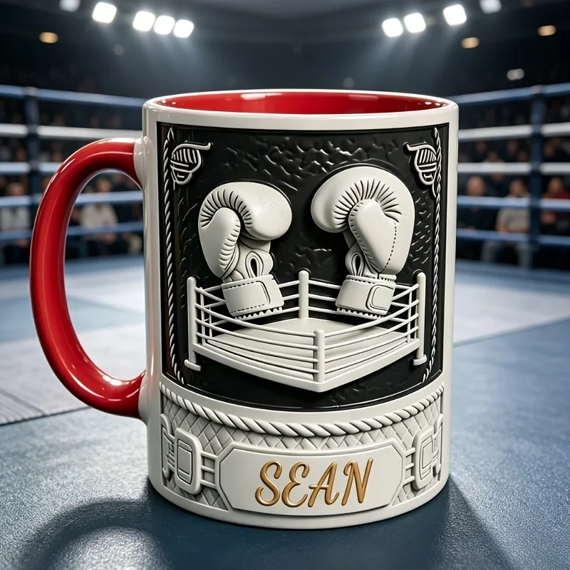 Custom Name Boxing Mug 11oz 2D Flat Print Boxing Glove Ring Design Ceramic Cup for Boxer Coach Athlete Birthday Christmas Father