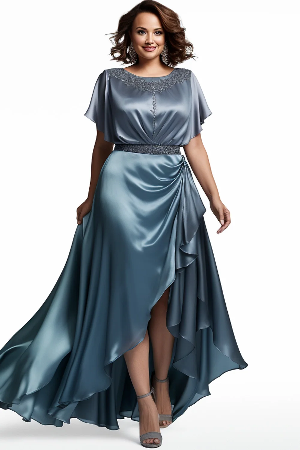 

Flycurvy Plus Size Mother Of The Bride Haze Blue Satin Flutter Sleeve Irregular Hem Maxi Dress