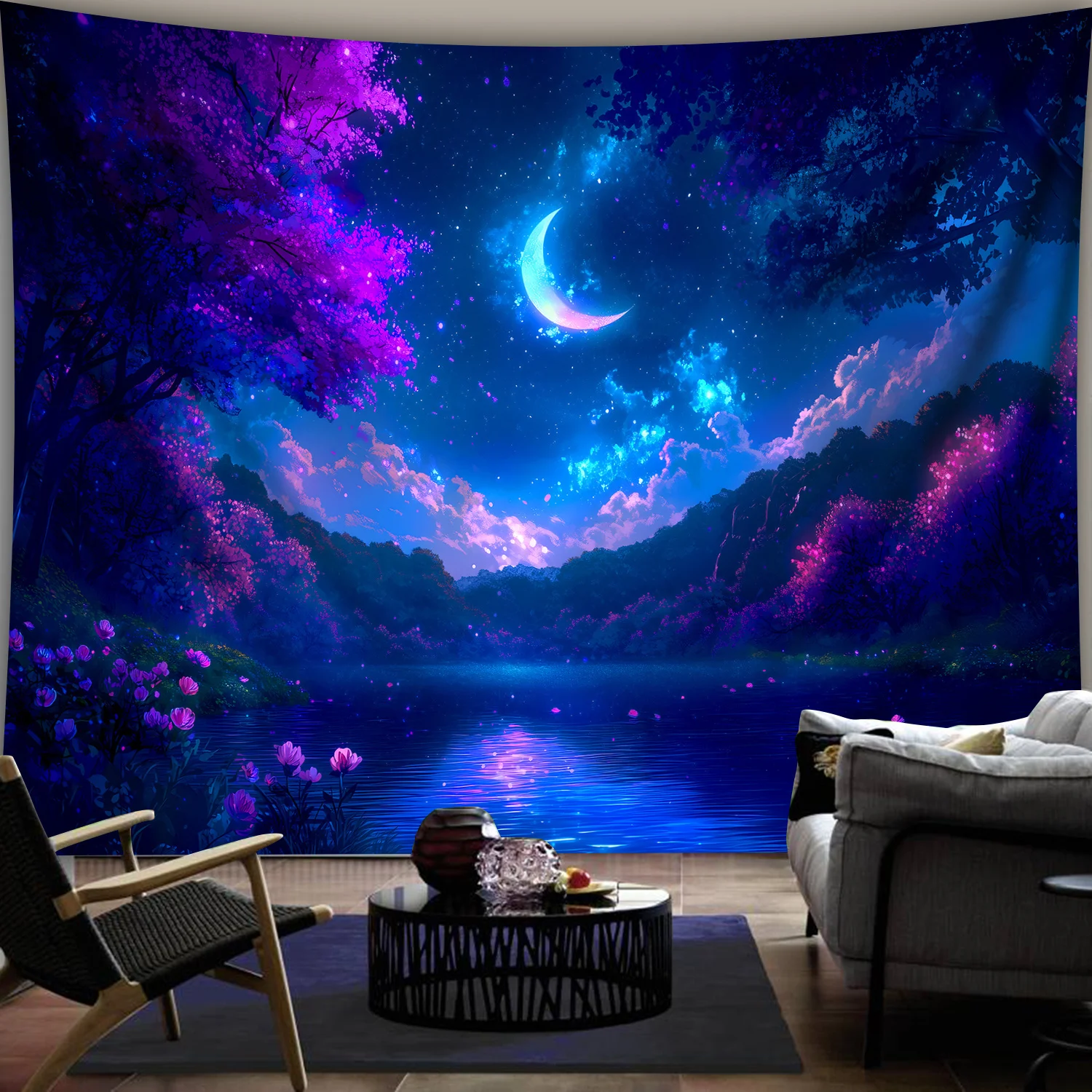 [1pc Dreamy Forest Tapestry] 1pc Ultra Large Polyester Dreamy Forest & Starry Sky Tapestry | Vibrant Nighttime Landscape with