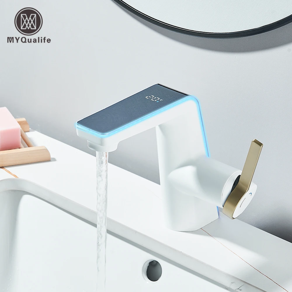 Pantalla de visualización blanca, grifo para lavabo de baño, caño de 2 vías, grifos para lavabo LED, mezcladores montados en cubierta de agua fría y caliente