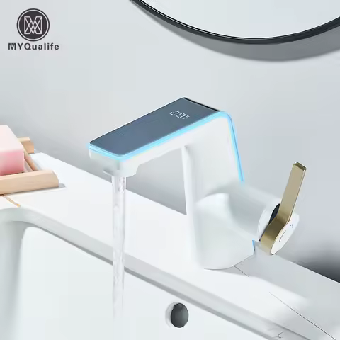 White Display Screen Bathroom Basin Sink Faucet 2-ways Spout LED Washbasin Taps Hot Cold Water Deck Mounted Mixers