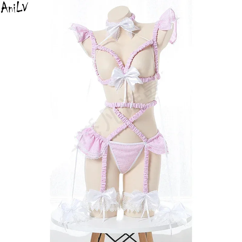 

2025 12 Anilv anime Lolita girl pink plaid straps bandage pajamas lingerie uniform costume women sexy bodysuit swimsuit cosplay