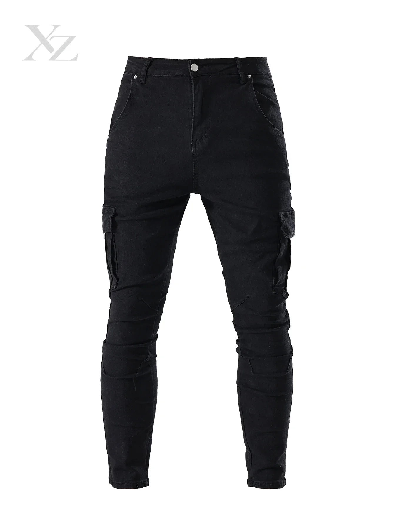Men Cargo Denim Pants Men's Fahsion Elastic Slim Fit Jeans Solid Color Multi Pockets Casual Skinny Male Trousers mens clothing