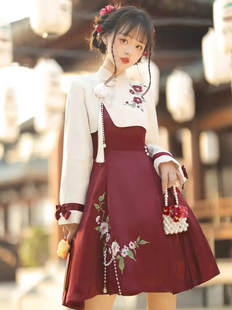 

Original and genuine new Chinese-style luolita dress, improved Han element button-up embroidery dress and short top set