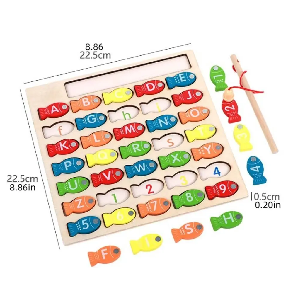 Wooden Kids Fishing Toys Letter Cognition Puzzle Board Letter Number Puzzle Color Pairing Colorful Fishing Game Toy