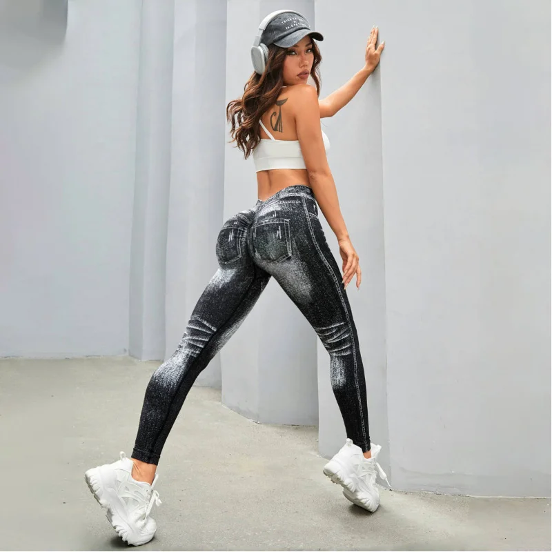 

Seamless High Waist Pants Woman Imitation Jeans V-Shaped Defensive Midfielder Hip-Lifting High Elasticity Running Yoga Gym