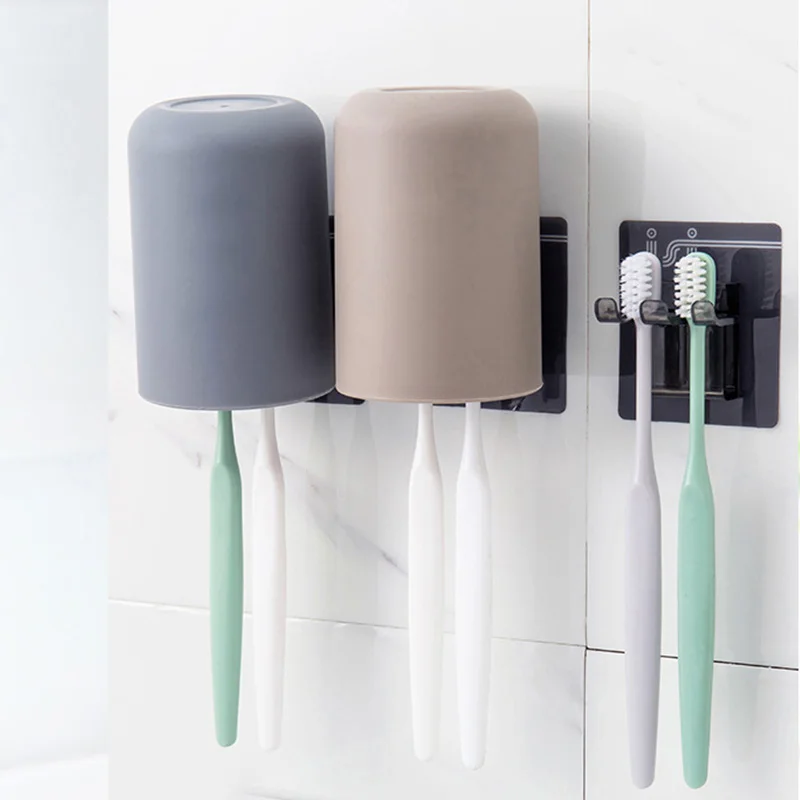 Toothbrush Holder Cup Holder Simple Color Bathroom Organizer Wall Sticker Hanging Brush Holder