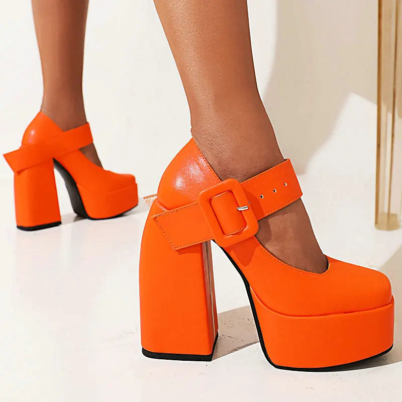 Solid Orange Black White Heels Wide Big Belt Buckle Ladies Sexy Gothic Shoes Chunky Block High Heels Platform Mary Janes Pumps