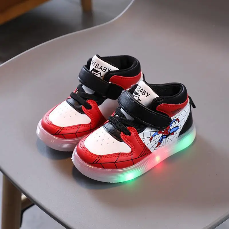 Disney Led Light Shoes for Kids Fashion Cartoon Spiderman Boys Sneakers Girls Casual Shoes Breathable Kids Sport Shoes Size 21-3