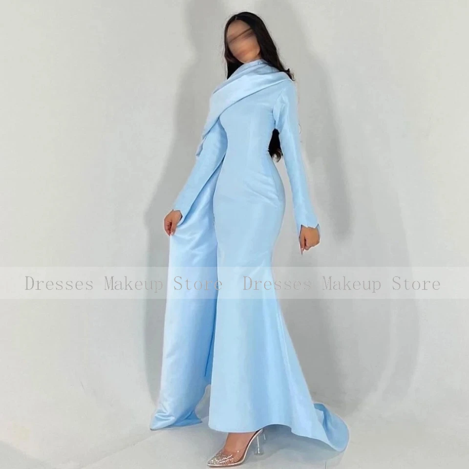 Modest Evening Dresses Long Sleeves O Neck Baby Blue Maxi Evening Gowns for Women 2024 Mermaid/Trumpet Wedding Evening Dress