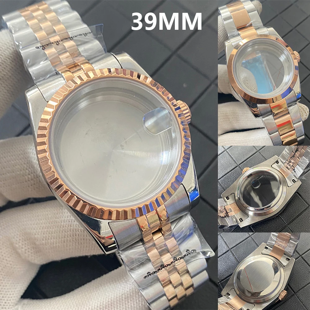 

39mm Silver Rose Gold Stainless Steel Case NH35 Strap Set Sapphire Glass Watch Case for NH35 NH36 Movement Watch Shell Bracelet