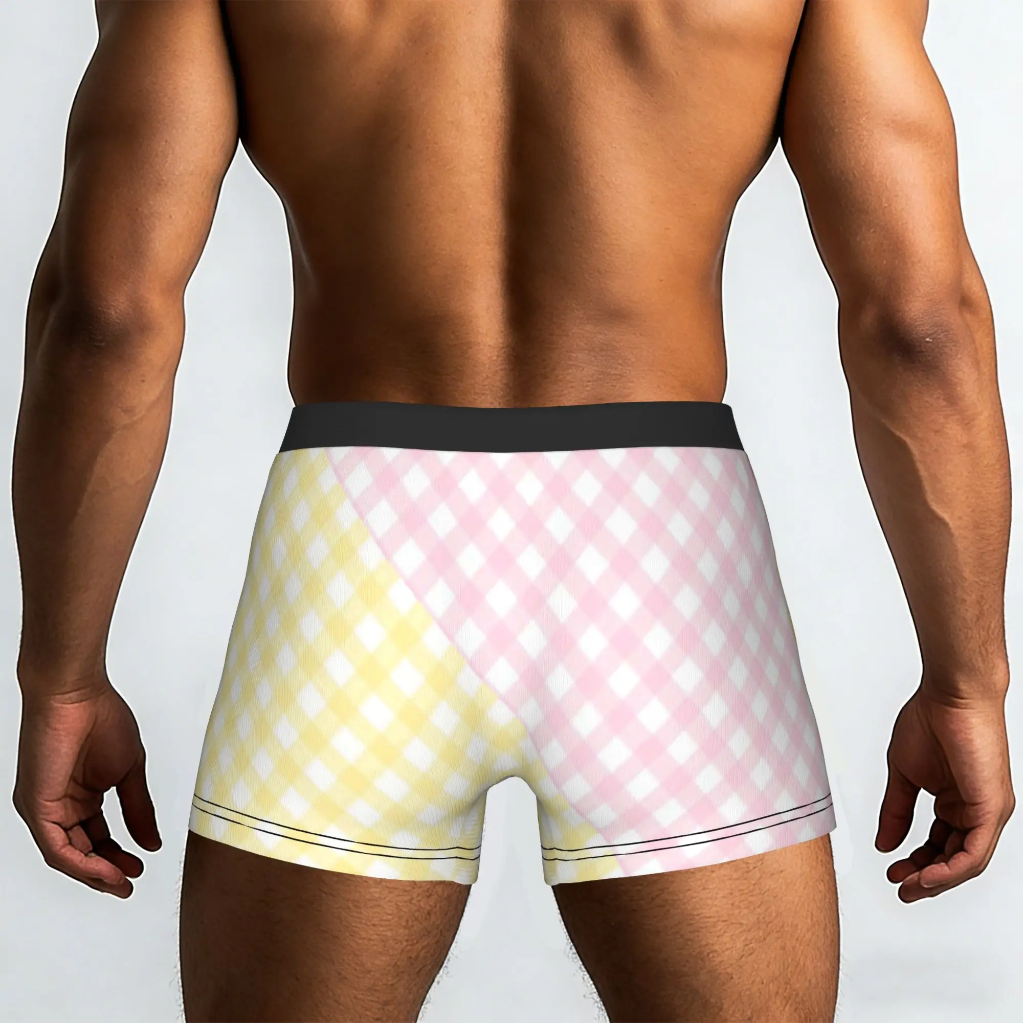 Pink Yellow Split Gingham Check   Underpants Breathbale Panties Male Underwear Ventilate Shorts Boxer Briefs