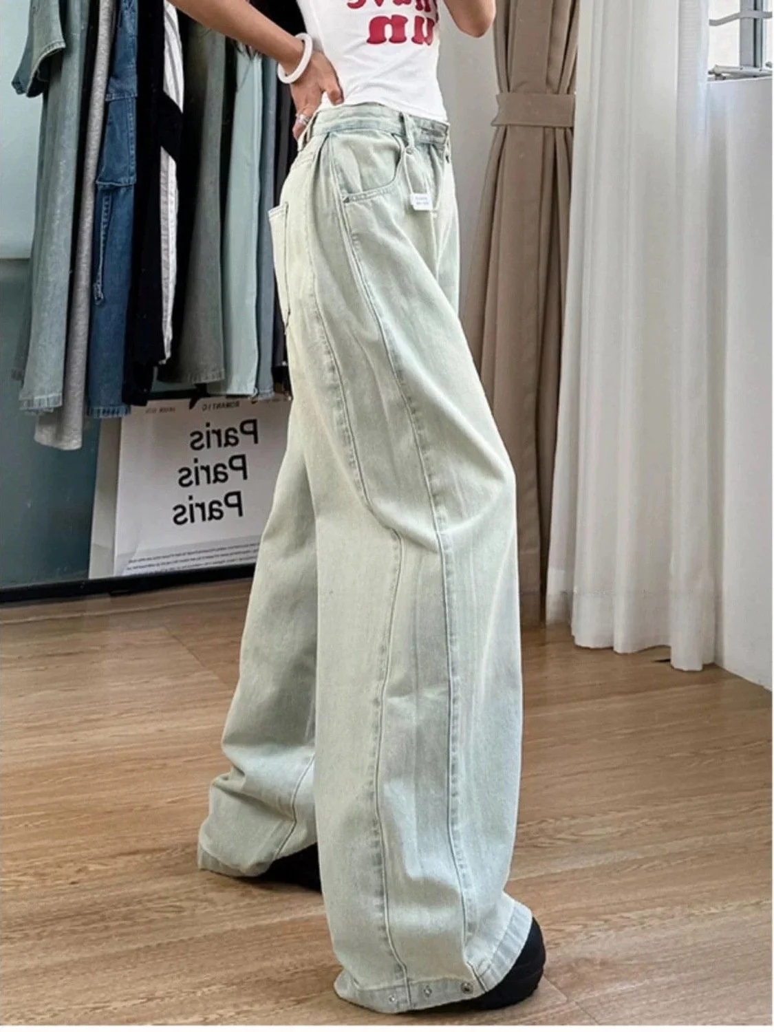 

Ретро джинсы с широкими штанинами и эффектом потертости, с высокой талией, свободные, прямые, в пол, для женщин, весенняя новинка, с эффектом похудения