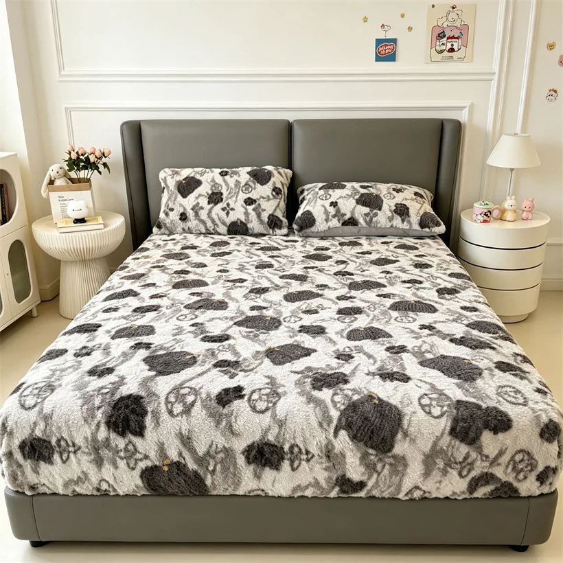 Print Thick Faux Rabbit Fur Mattress Cover Winter Warm Velvet Fleece Mattress Protector Fluffy Soft Plush Fitted Bed Sheet Set