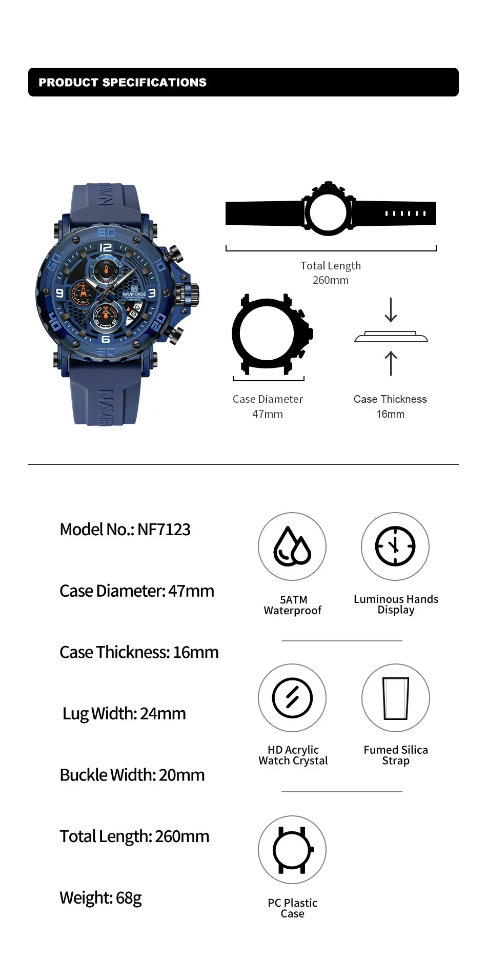 NAVIFORCE NF7123  Luxury Quartz Watches for Men Silicone Strap Sports Chronograph Wrist watch 5TM Waterproof Watches