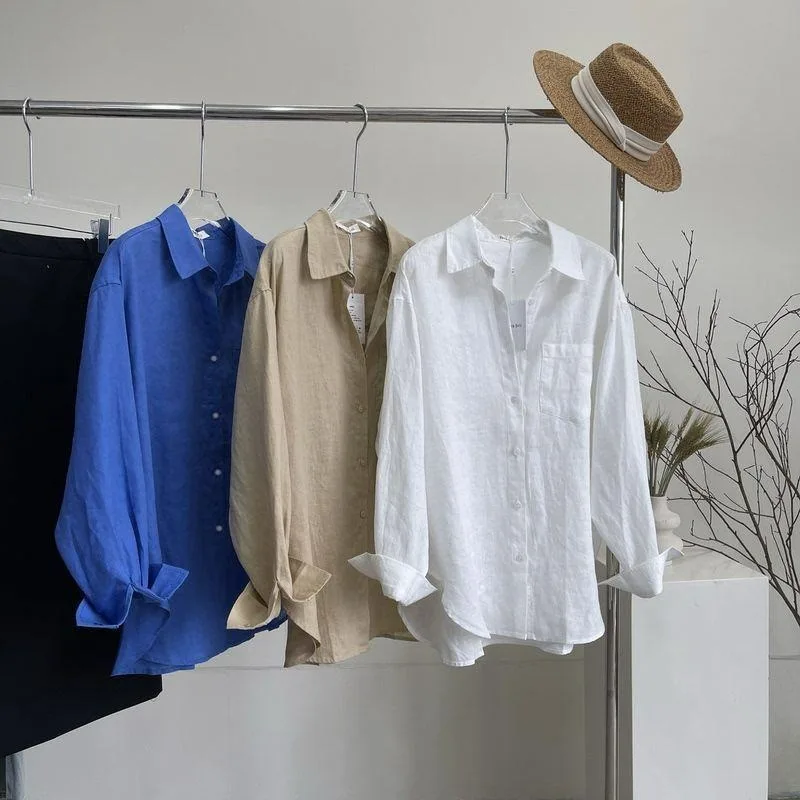 New Summer Cotton Linen Long-sleeved Shirt Style Silhouette Off-the-shoulder Design Loose Forest-themed Sun-protective Cardigan