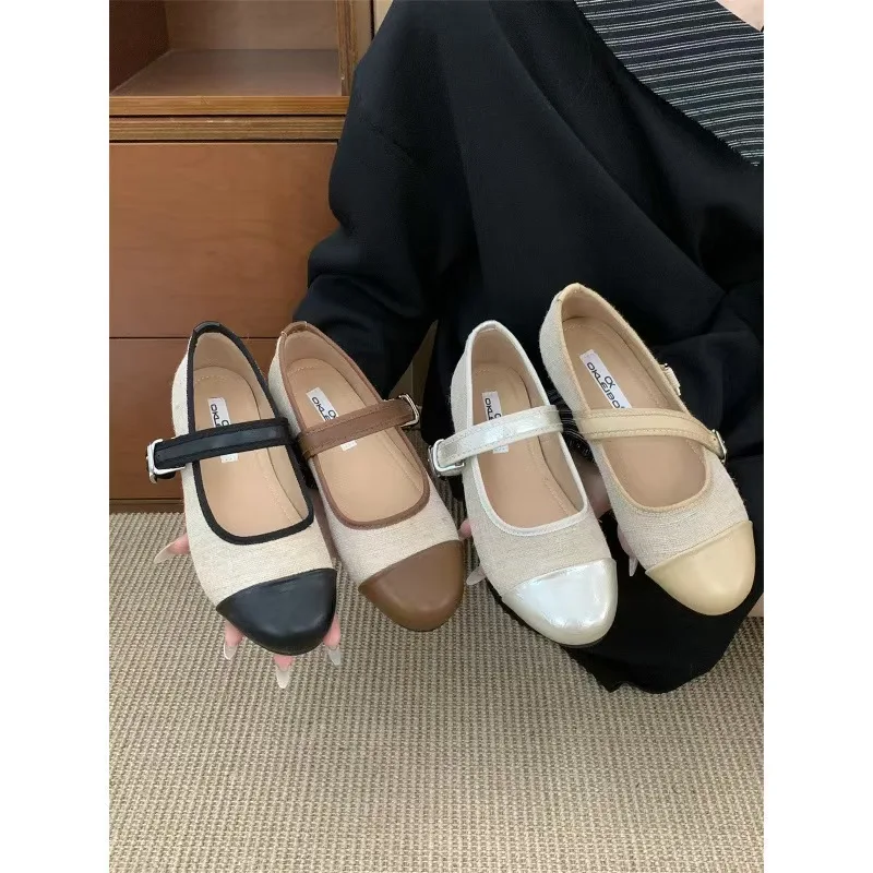 

Flat Bottom Mary Jane Shoes Women's Spring Summer New Style French One Strap Flats Color Block round Head Small Leather Shoes