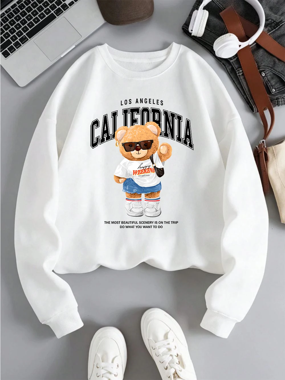 Autumn Winter Womens Pullover California Letter Trend Bear Printing Hoodie Loose Crewneck Warm Fleece Sweatshirt Street Clothing