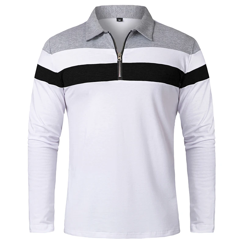 Men's Long Sleeve Striped Polo Shirts 1/4 Zip Cotton Patchwork Collared Shirt Casual Fashion Pullover Slim Fit Golf Shirt image 2