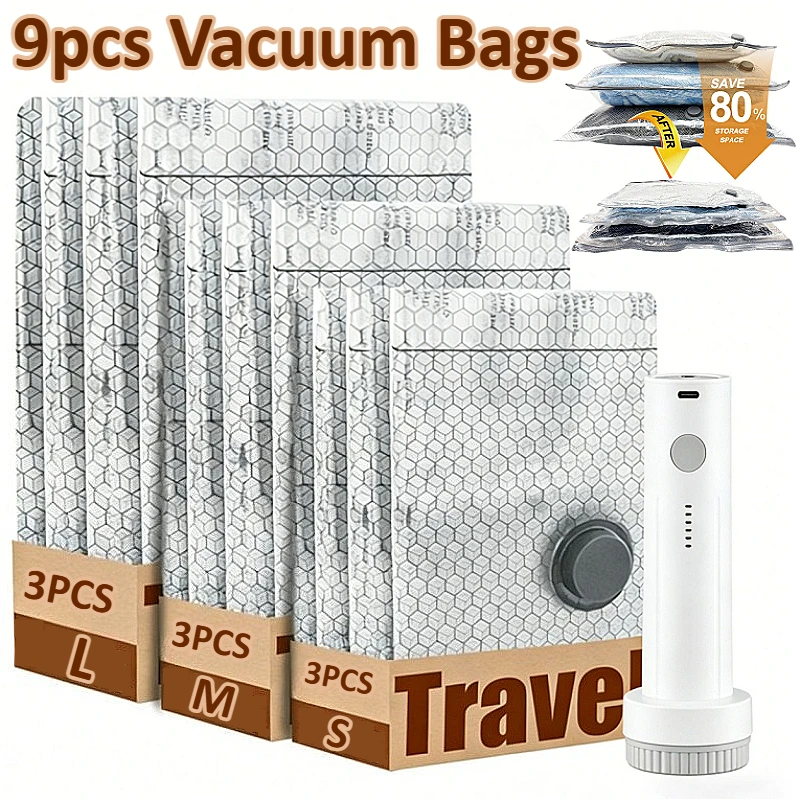 9 Packs/Set Vacuum Storage Bags with Electric Pump Reusable Compression Bags for Clothes Travel Luggage Bedding Organizer