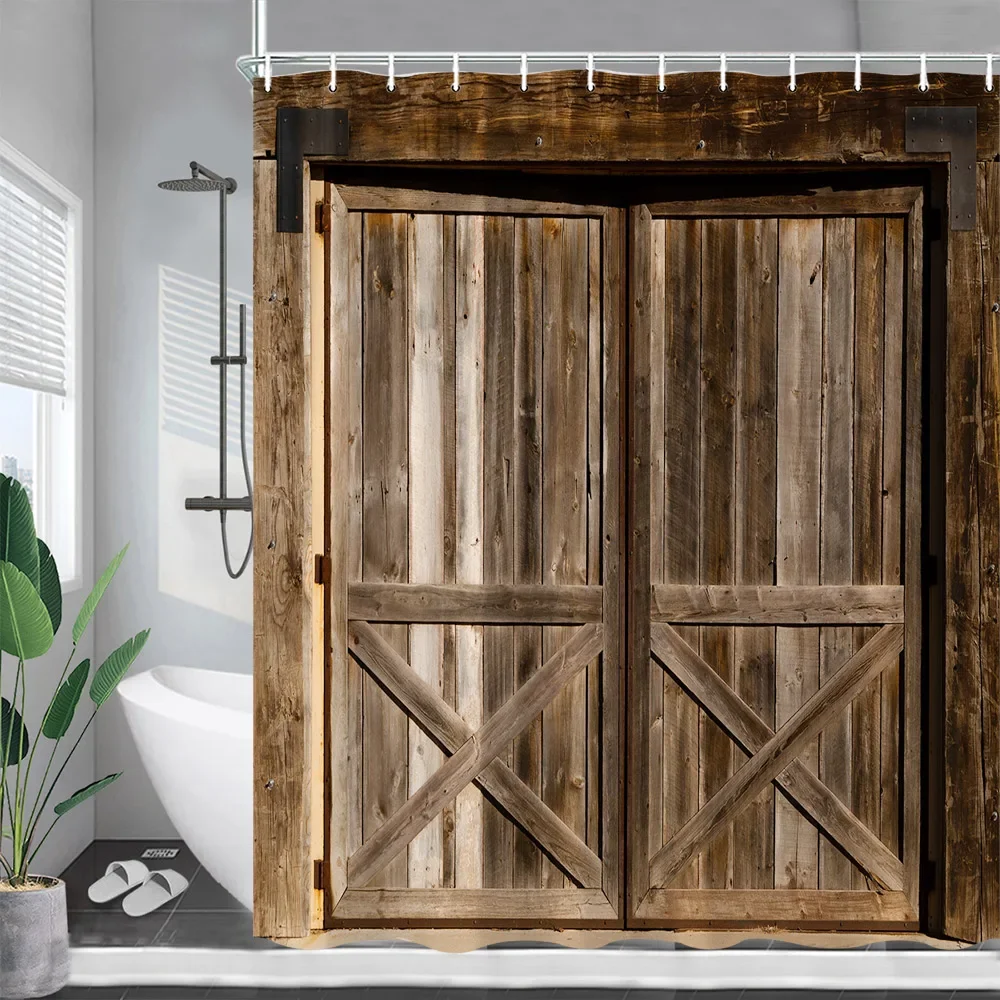 Rustic Farm Barn Door Shower Curtains Vintage Wood Plank Wheel Sunflower Polyester Fabric Bathroom Decor Bath Curtain with Hooks